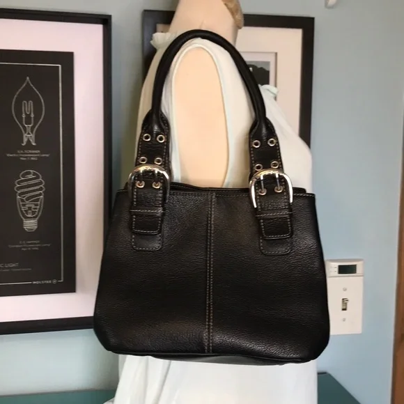 Tignanello black leather square two handle satchel purse - Picture 2 of 15